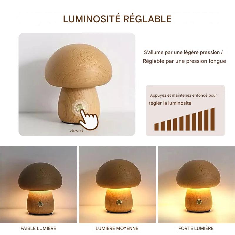 Wooden Mushroom : Lampe de chevet en bois de hêtre et de noyer, interrupteur tactile, intensité variable, rechargeable par USB