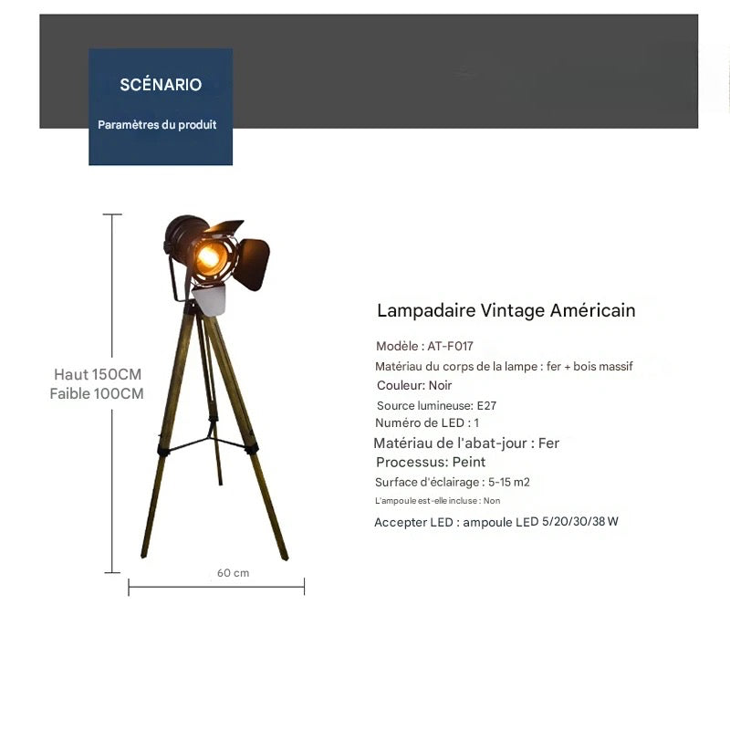 Lampe sur pied industrielle rustique - éclairage ambiance loft moderne