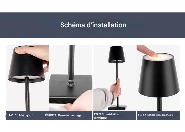 Lampe LED portable aluminium - détail construction robuste premium - schéma d'installation