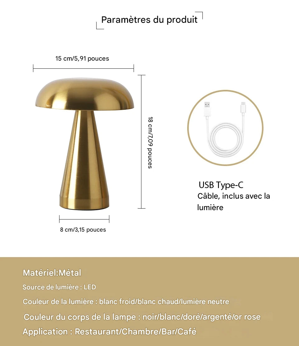 Lampe champignon design - LED rechargeable tactile métal plaqué doré