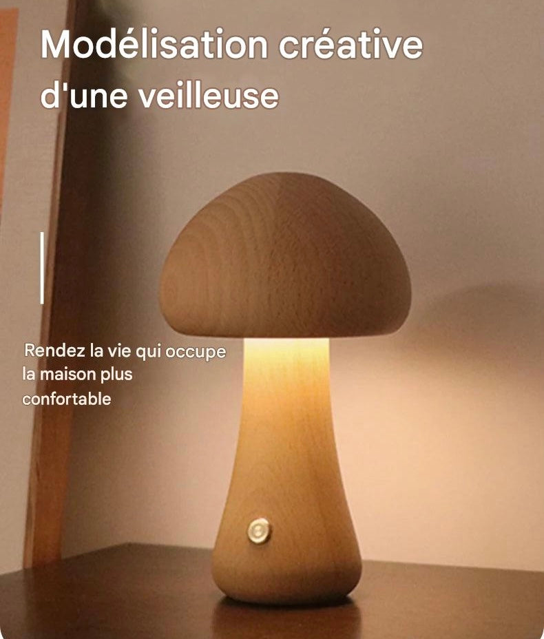 Wooden Mushroom : Lampe de chevet en bois de hêtre et de noyer, interrupteur tactile, intensité variable, rechargeable par USB