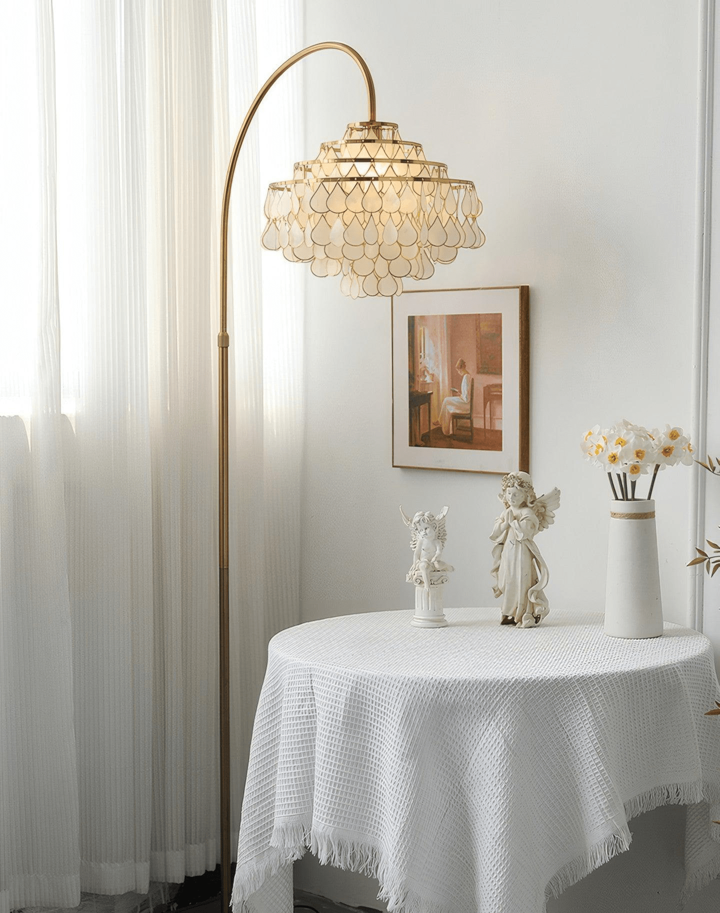 Luminaire sur pied coquillages - vue latérale structure bronze salon