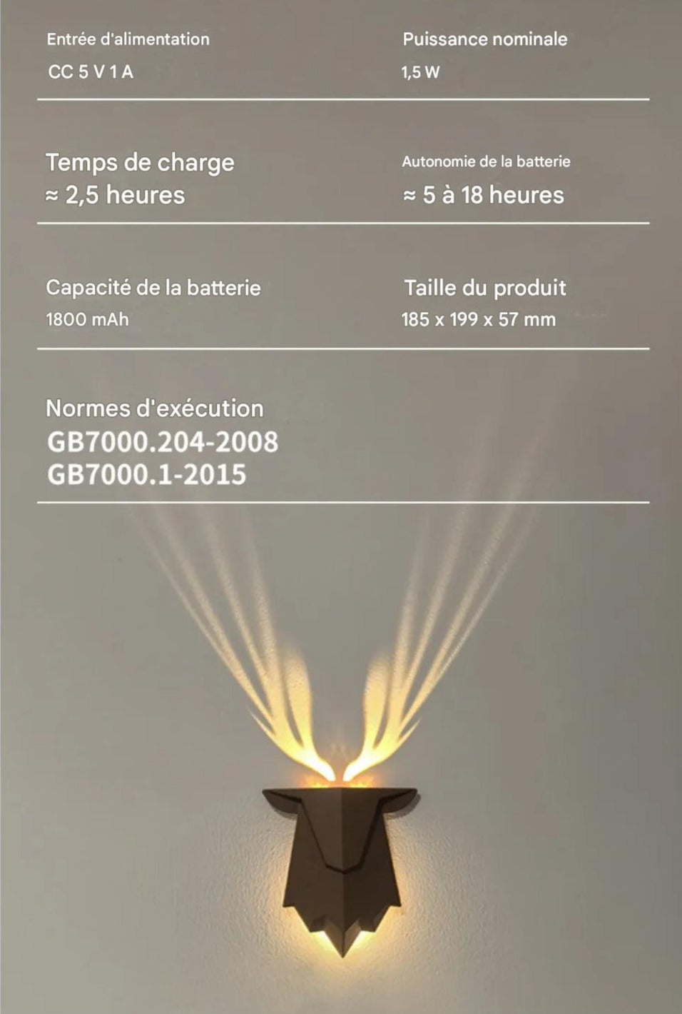 Deer Light veilleuse projection cerf ABS résistant - Lampe murale LED douce 60 lumens