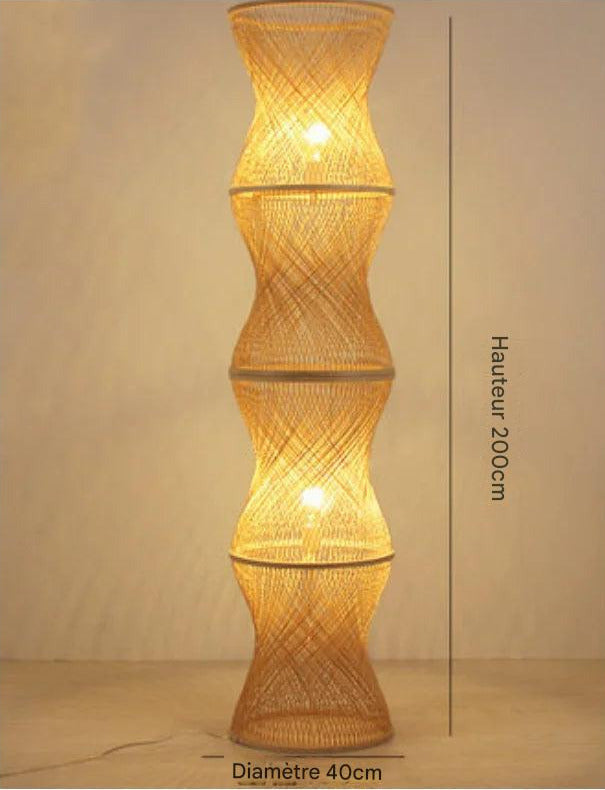 Lampadaire design zen bambou bois - détail double source lumineuse