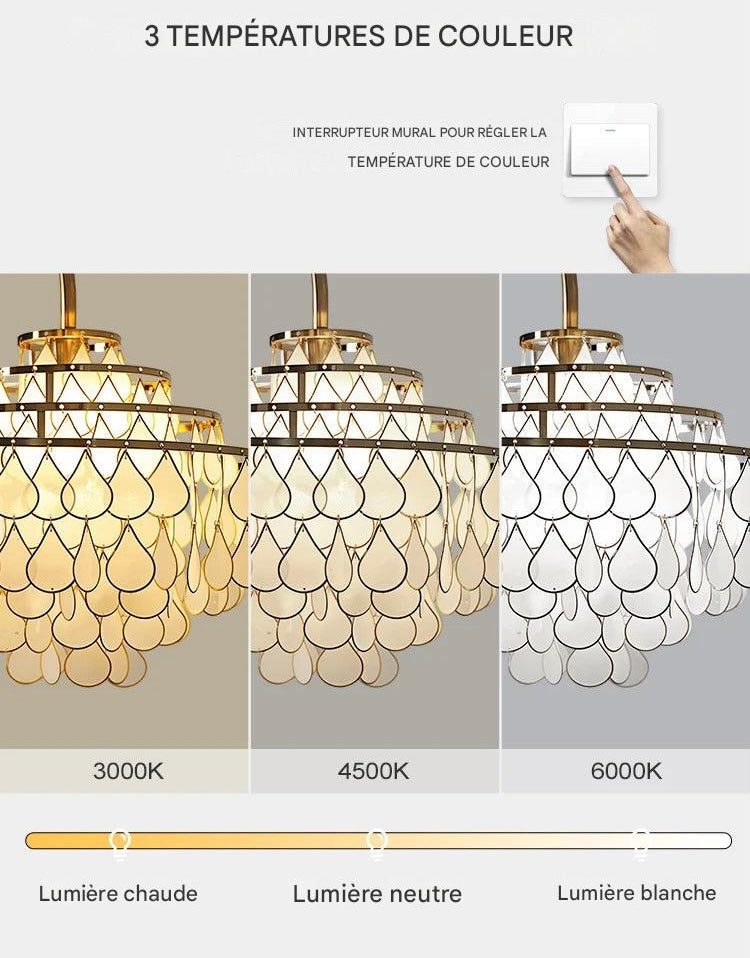 Lampadaire coquillage naturel bronze - détail diffusion lumière organique 3000K, 4500K, 6000K - Température chaude, neutre ou blanche.