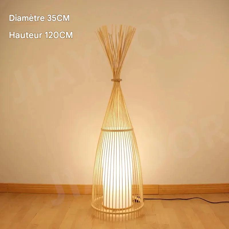 Lampe sur pied bambou tressé main - installation chambre zen contemporaine