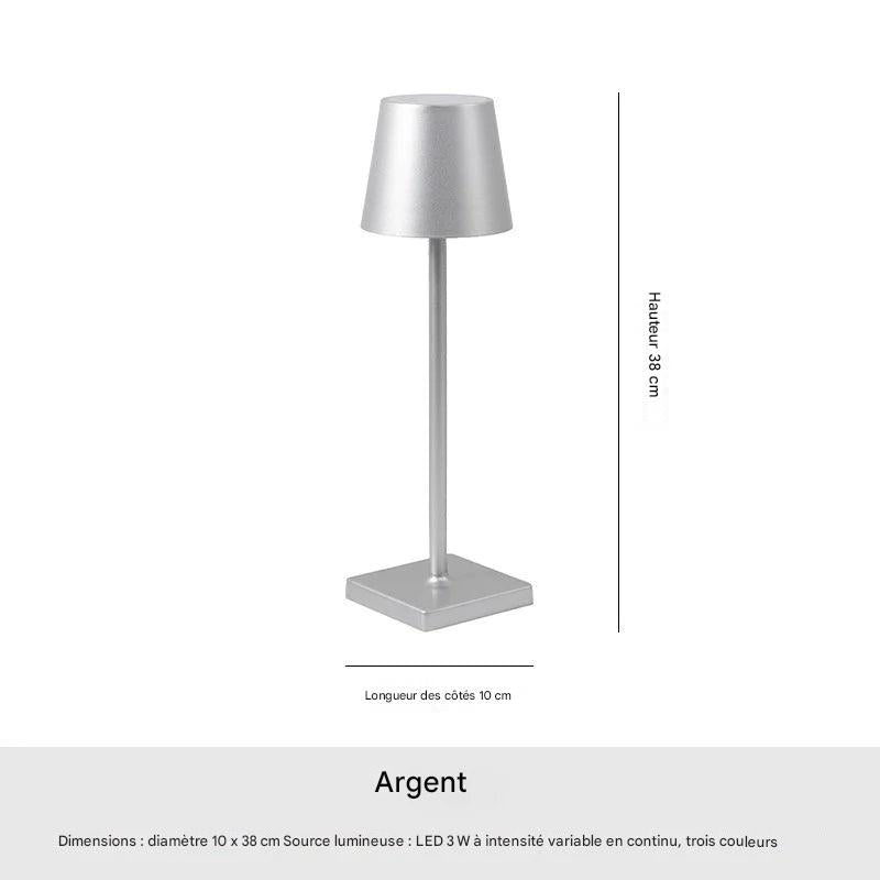 Lampe de table aluminium portable - vue technique dimensions structure - couleur argent