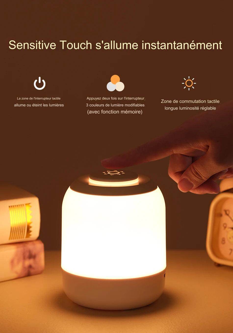 Night Led : Lampe de table LED avec capteur tactile, 3 couleurs réglables, rechargeable par USB, lampe de chevet portable, lampe de bureau pour enfant, cadeau pour bébé - myledly