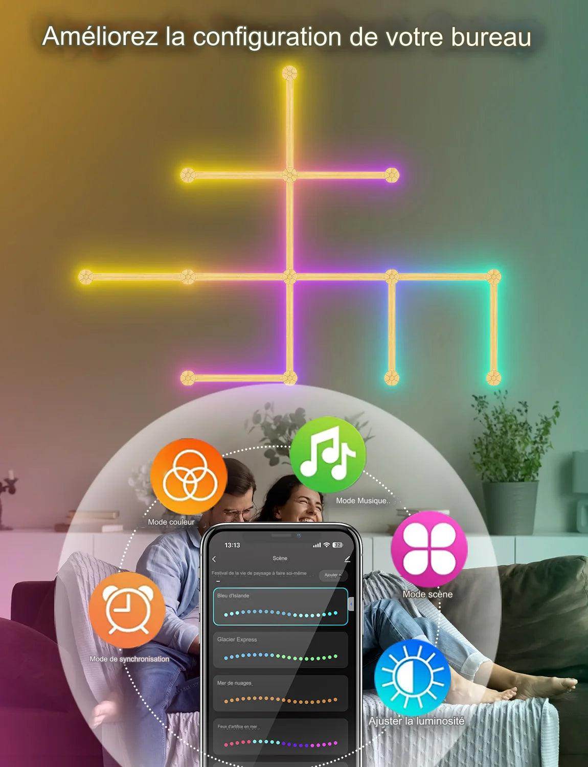 Bar Led : Applique murale intelligente RGBIC WIFI LED, synchronisation de musique, veilleuse à intensité variable, compatible avec Alexa Google Home, pour salle de jeu, décoration murale