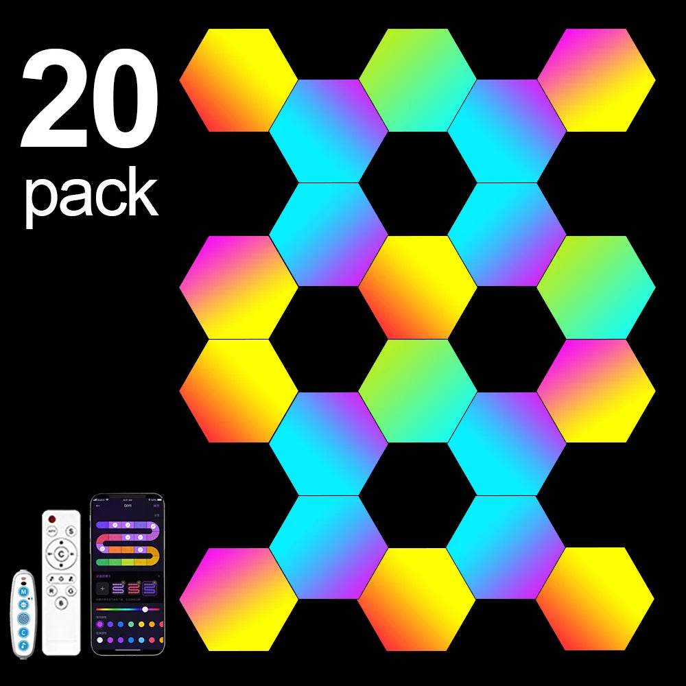 Hexagone LED : Lot de 20/12/8/3 lumières hexagonales murales, panneau RGB, application intelligente, lumières de jeu modulaires hexagonales, synchronisation de la musique nocturne, lumière en nid d'abeille pour chambre à coucher - myledly