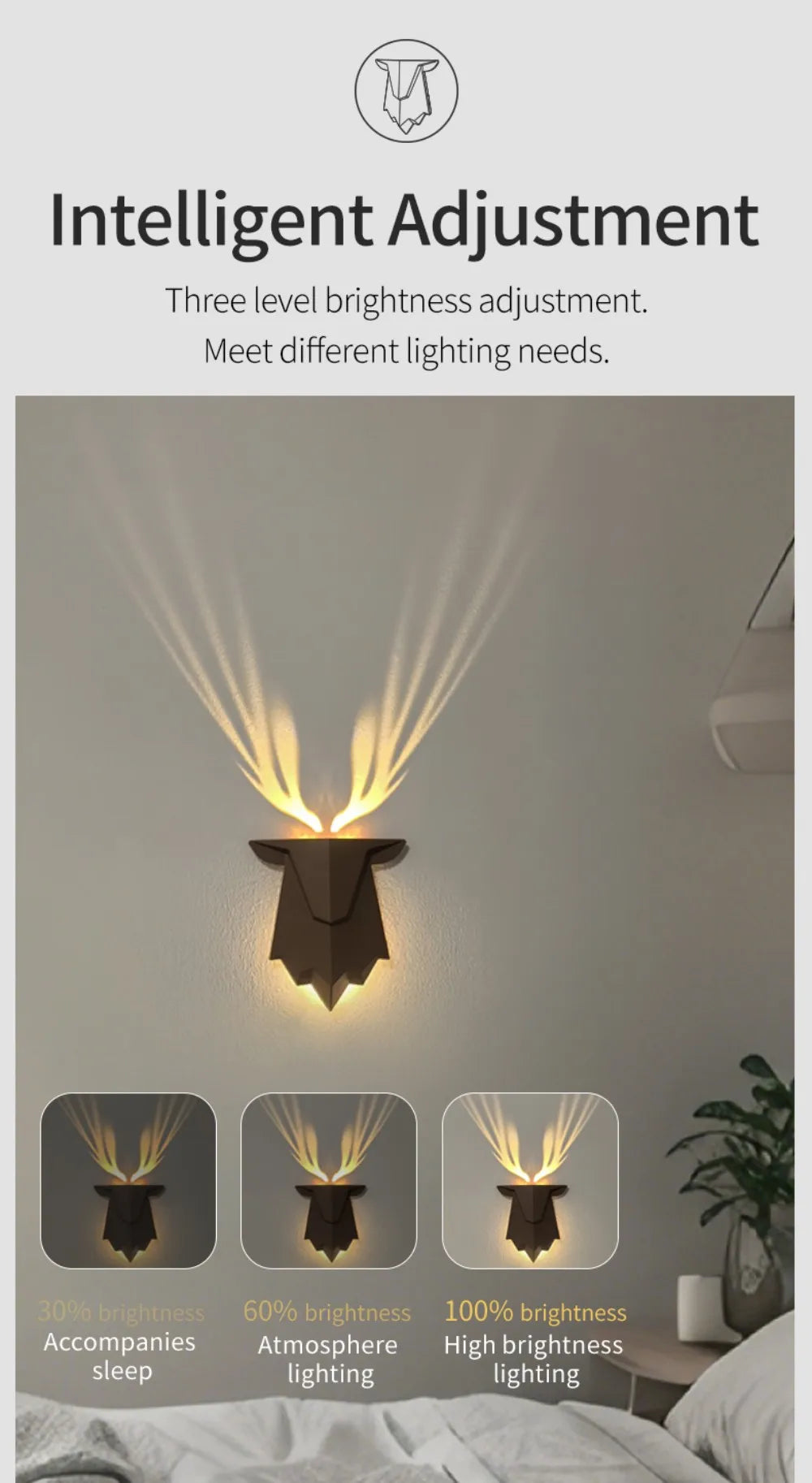 Deer Light : Veilleuse en forme d'ombre de cerf rechargeable, 3 niveaux de luminosité, lampe murale de sommeil, gradation continue, lampe de chevet pour décoration de chambre