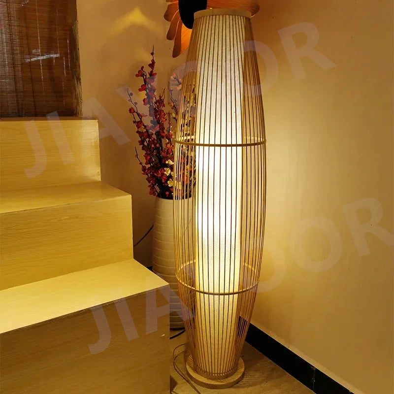 Lampadaire japandi bambou bois - ambiance chaleureuse décoration zen