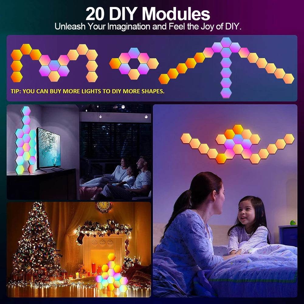 Hexagone LED : Lot de 20/12/8/3 lumières hexagonales murales, panneau RGB, application intelligente, lumières de jeu modulaires hexagonales, synchronisation de la musique nocturne, lumière en nid d'abeille pour chambre à coucher - myledly