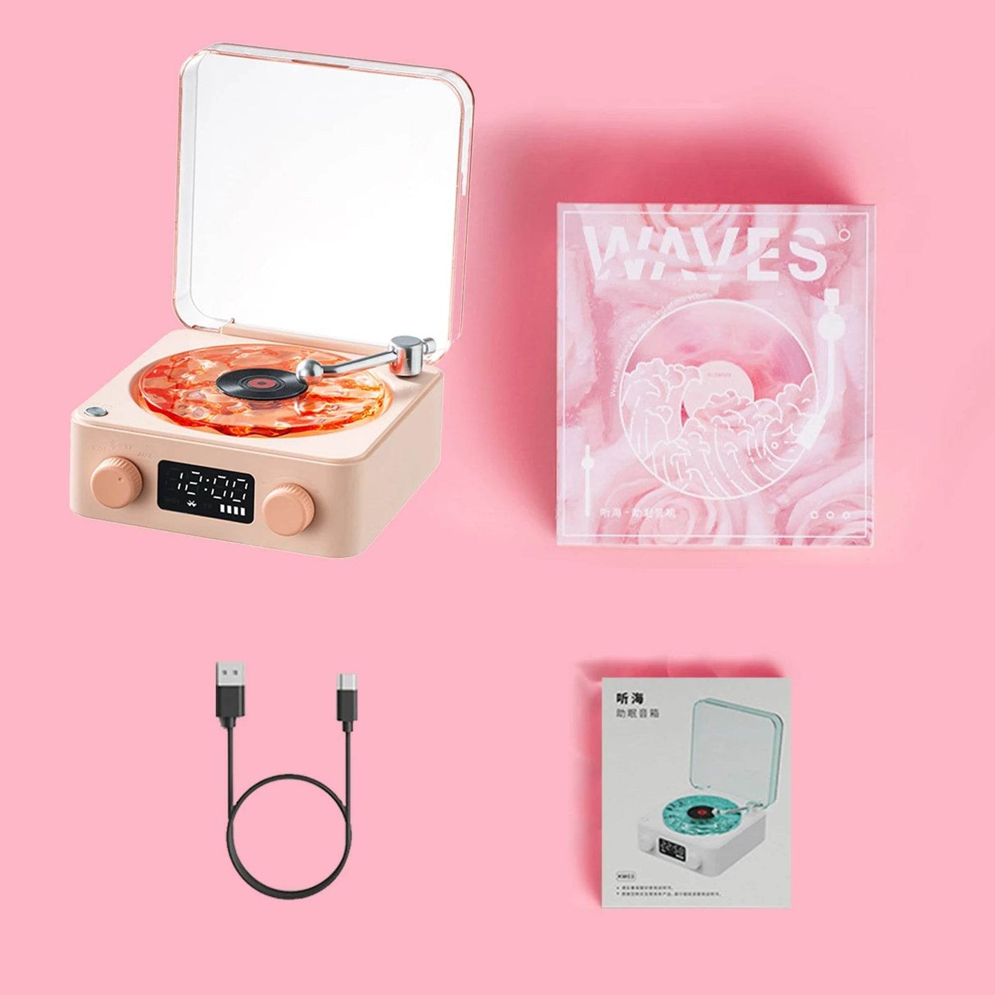 Retrowavy : Haut-parleur Bluetooth en vinyle, haut-parleur avec bruit blanc, plateau tournant rétro, aide au sommeil, haut-parleur en forme de Vitrola avec lumière RGB - myledly