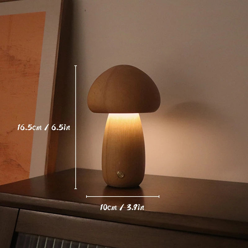 Wooden Mushroom : Lampe de chevet en bois de hêtre et de noyer, interrupteur tactile, intensité variable, rechargeable par USB