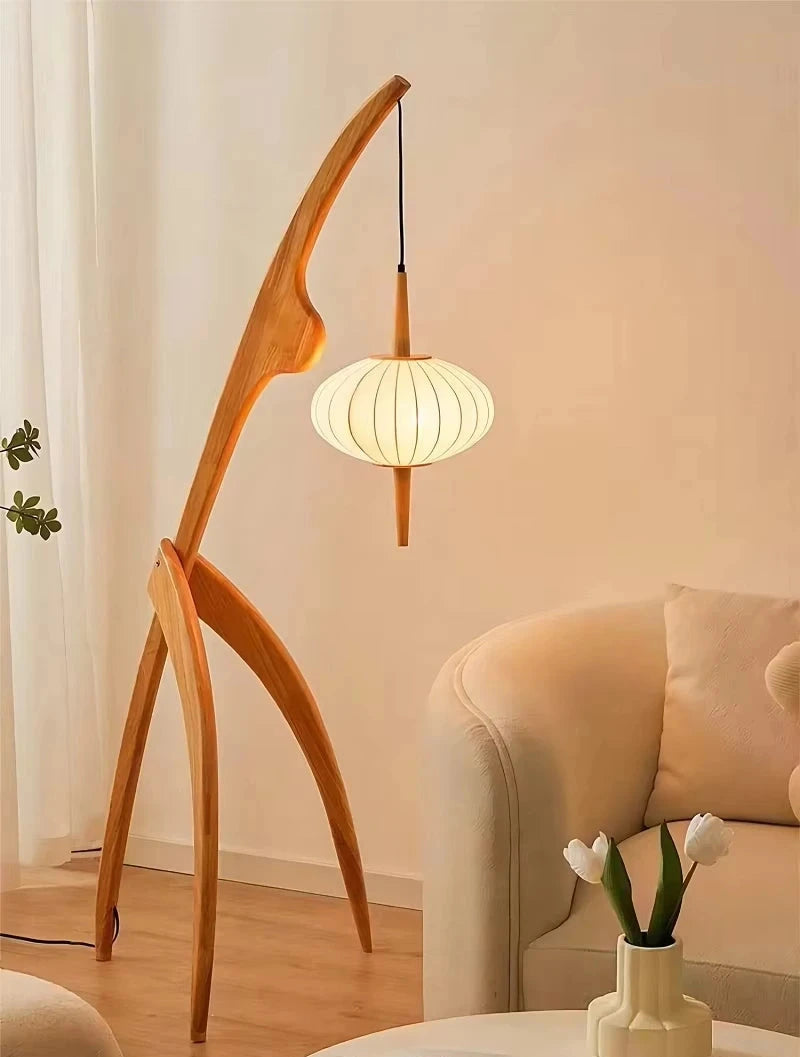 Lampe sur pied bois massif - abat-jour tissu tressé artisanal lumière tamisée