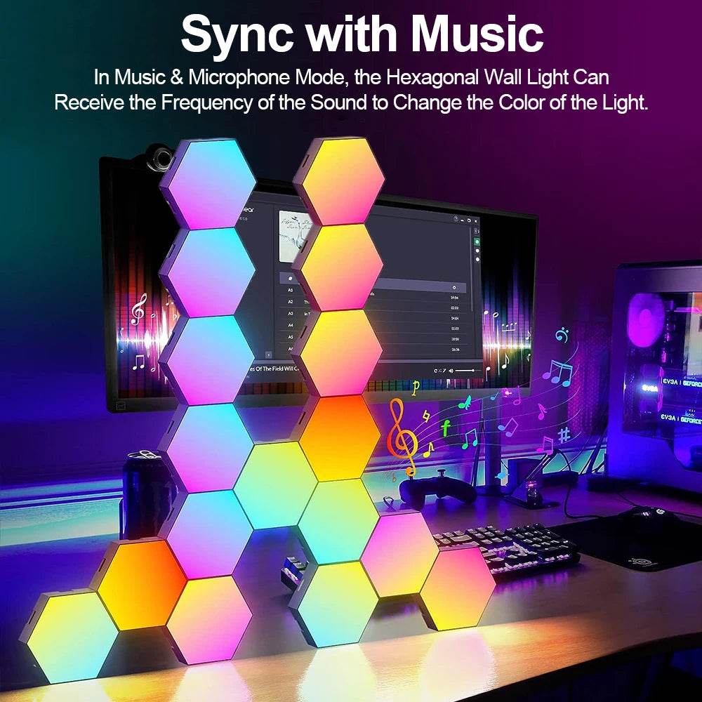 Hexagone LED : Lot de 20/12/8/3 lumières hexagonales murales, panneau RGB, application intelligente, lumières de jeu modulaires hexagonales, synchronisation de la musique nocturne, lumière en nid d'abeille pour chambre à coucher - myledly