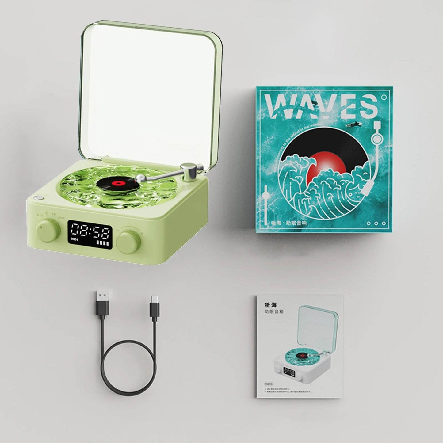Retrowavy : Haut-parleur Bluetooth en vinyle, haut-parleur avec bruit blanc, plateau tournant rétro, aide au sommeil, haut-parleur en forme de Vitrola avec lumière RGB - myledly