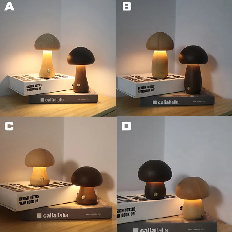 Wooden Mushroom : Lampe de chevet en bois de hêtre et de noyer, interrupteur tactile, intensité variable, rechargeable par USB