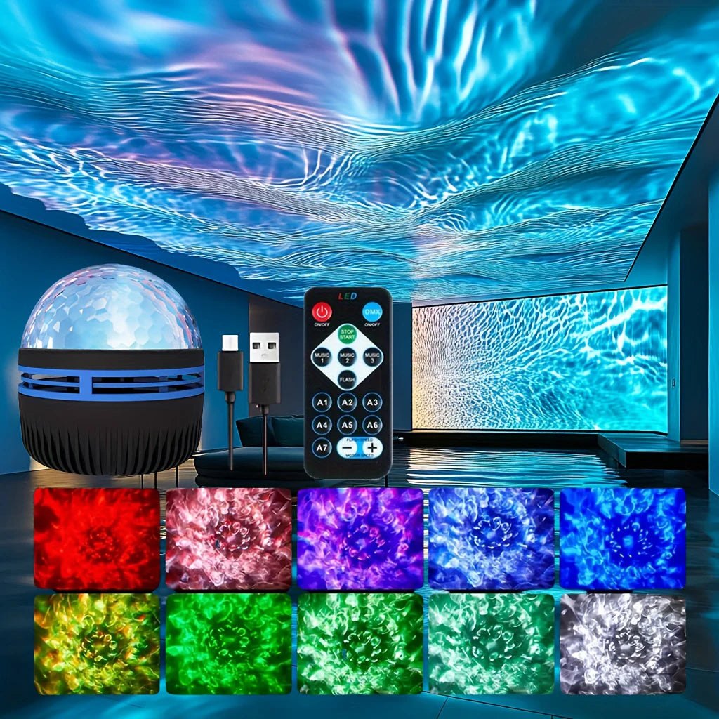 Ripple Night : Projecteur de vagues lumineuses LED, veilleuse USB, télécommande, lumière galaxie RVB, 7 modes, pour salle de fête, chambre, bar, décoration