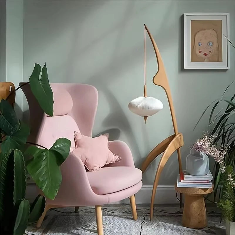Lampe sur pied bois massif - abat-jour tissu tressé artisanal lumière tamisée