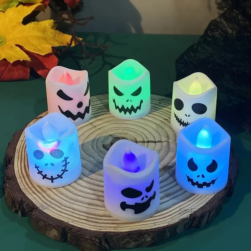 Bougies lumineuses Halloween - détail motifs fantômes effrayants LED