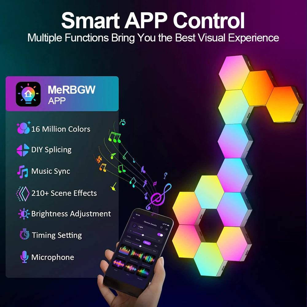 Hexagone LED : Lot de 20/12/8/3 lumières hexagonales murales, panneau RGB, application intelligente, lumières de jeu modulaires hexagonales, synchronisation de la musique nocturne, lumière en nid d'abeille pour chambre à coucher - myledly