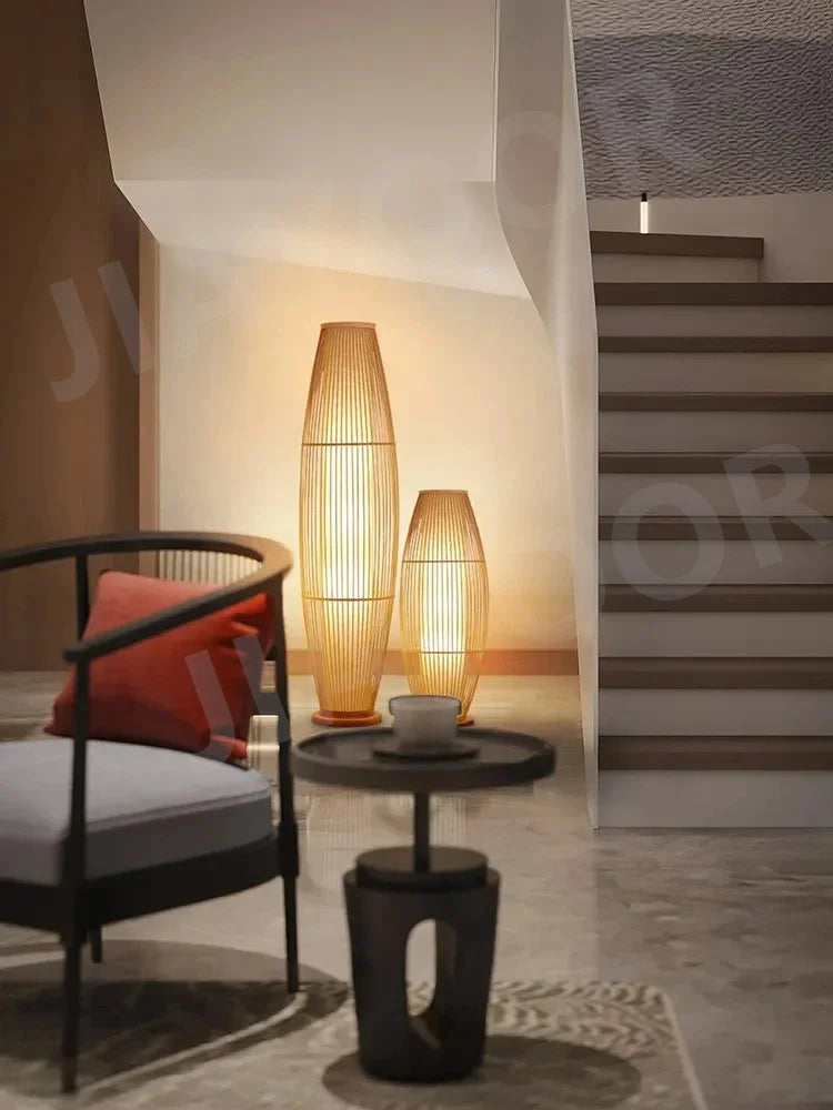 Lampe sur pied bambou naturel - détail jeux ombres lumière douce