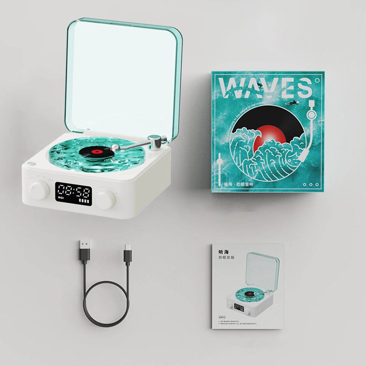Retrowavy : Haut-parleur Bluetooth en vinyle, haut-parleur avec bruit blanc, plateau tournant rétro, aide au sommeil, haut-parleur en forme de Vitrola avec lumière RGB - myledly