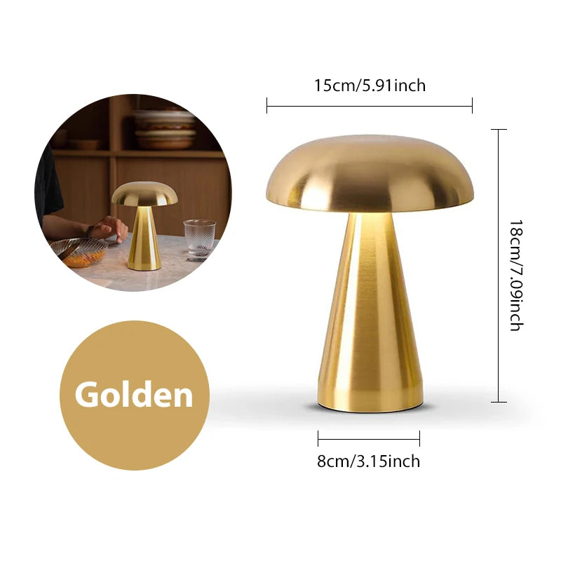 Lampe table champignon - LED portable design vintage métal plaqué doré
