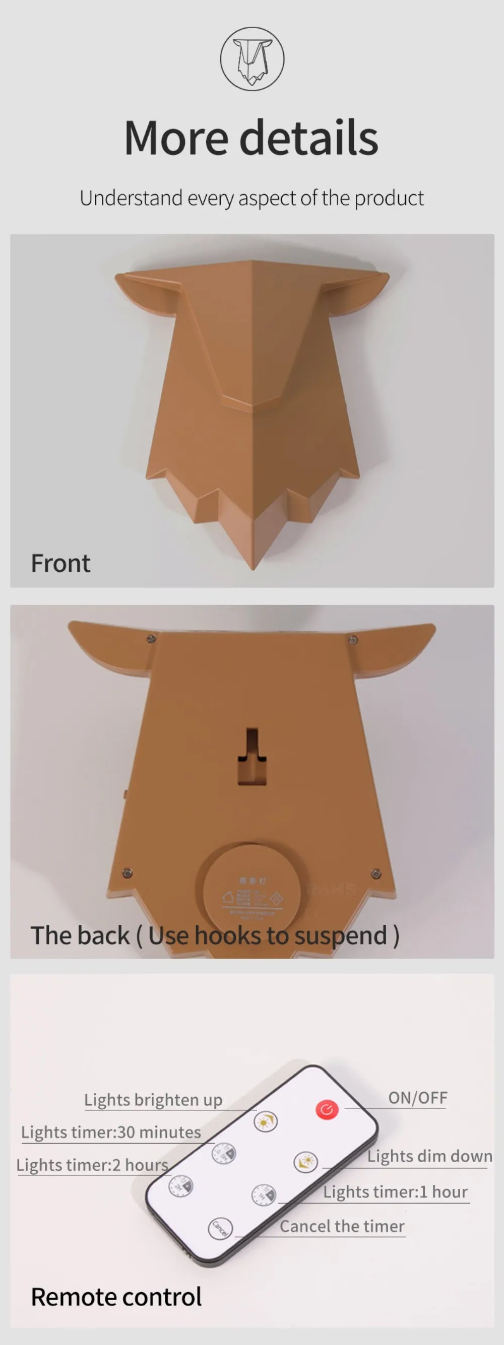 Deer Light : Veilleuse en forme d'ombre de cerf rechargeable, 3 niveaux de luminosité, lampe murale de sommeil, gradation continue, lampe de chevet pour décoration de chambre