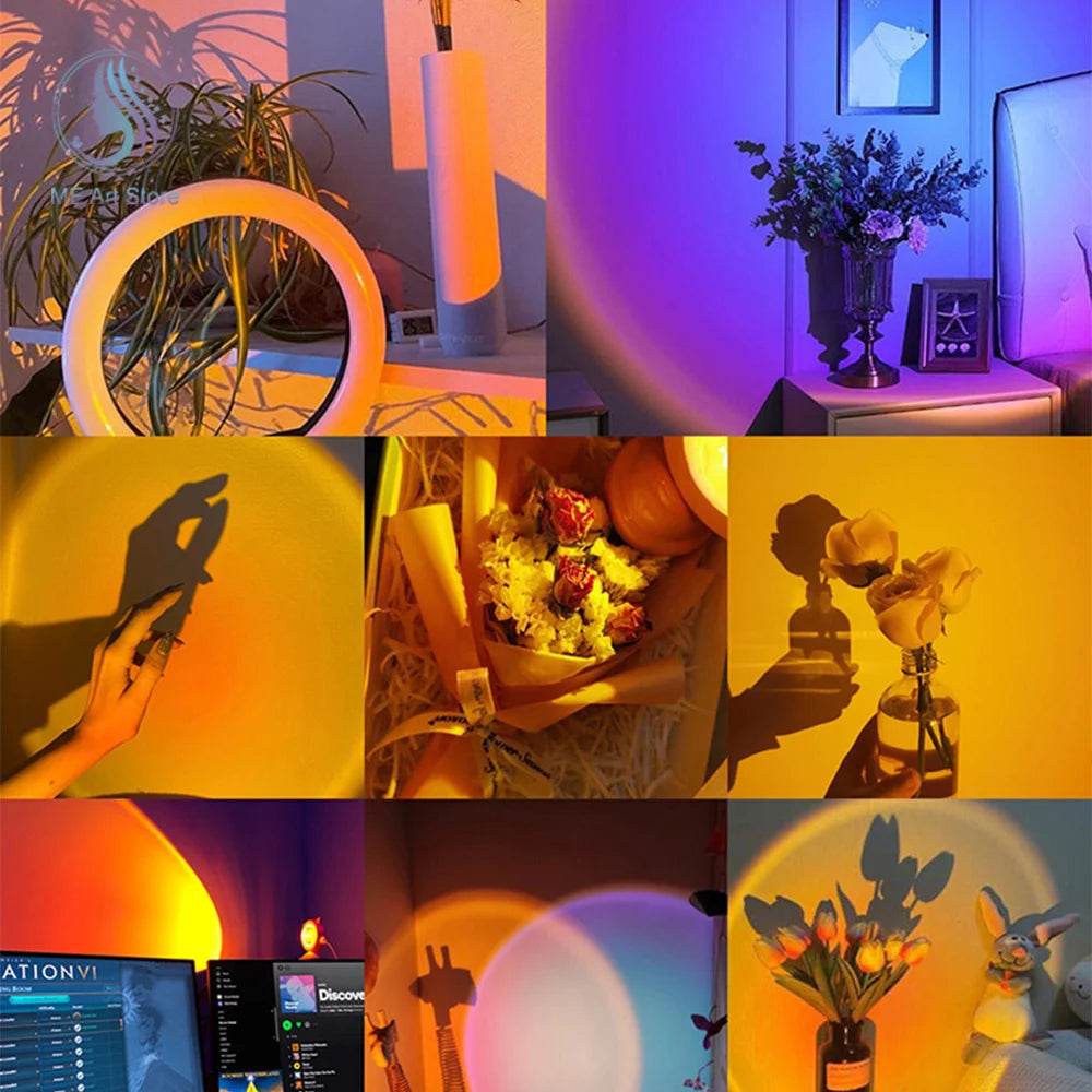 Sunset Lamp : Projecteur LED veilleuse 16 couleurs projecteur lumière arc-en-ciel atmosphère maison chambre fond décoration murale - myledly