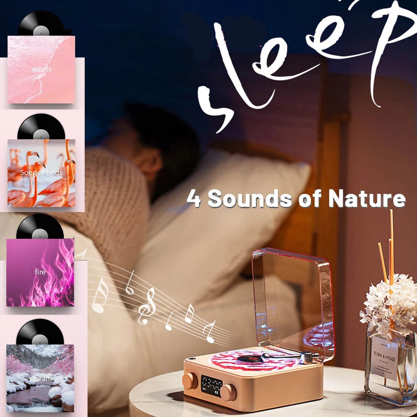 Retrowavy : Haut-parleur Bluetooth en vinyle, haut-parleur avec bruit blanc, plateau tournant rétro, aide au sommeil, haut-parleur en forme de Vitrola avec lumière RGB - myledly