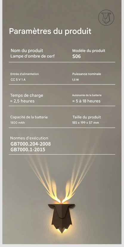 Deer Light : Veilleuse en forme d'ombre de cerf rechargeable, 3 niveaux de luminosité, lampe murale de sommeil, gradation continue, lampe de chevet pour décoration de chambre