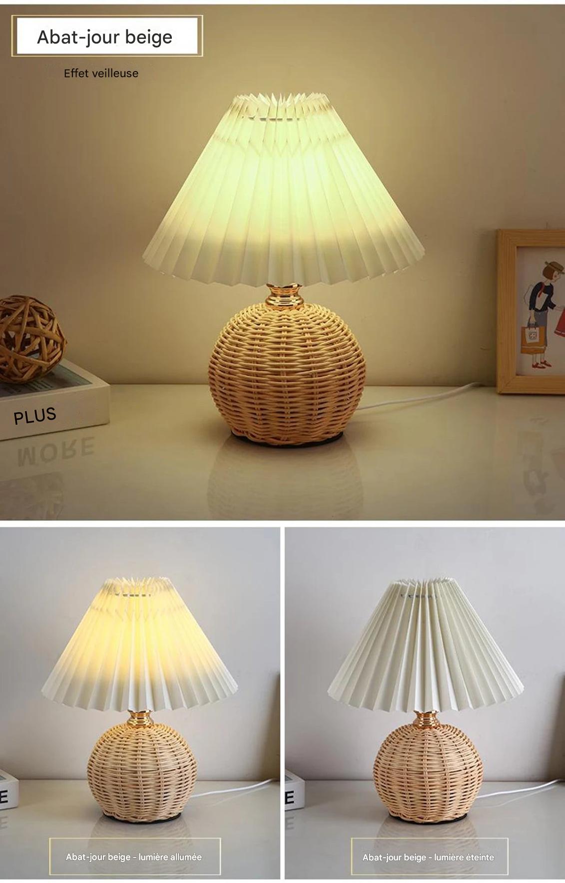 Lampe de table bohème tressée beige - détail du tressage artisanal en fibres naturelles