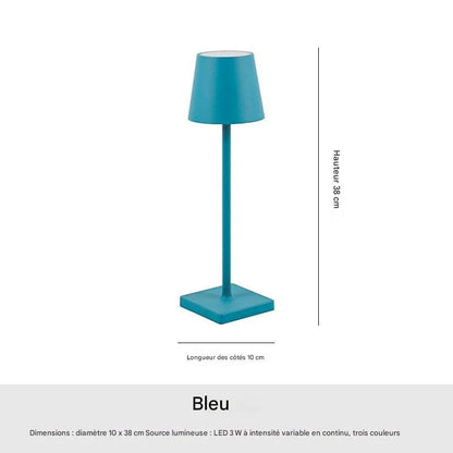Lampe de table aluminium portable - vue technique dimensions structure - couleur bleu