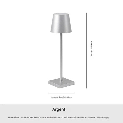 Lampe de table aluminium portable - vue technique dimensions structure - couleur argent