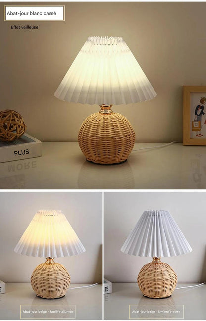 Lampe de table bohème tressée blanc- détail du tressage artisanal en fibres naturelles
