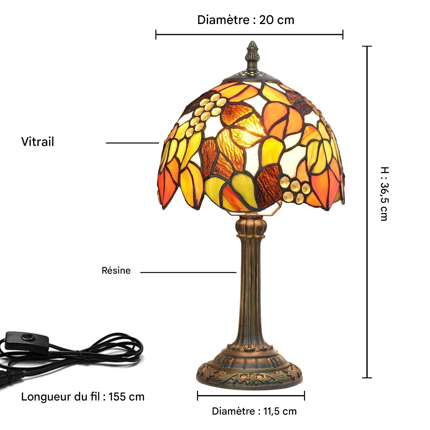Lampe Tiffany rétro vitrail - vue latérale base résine bronze 8 pouces
