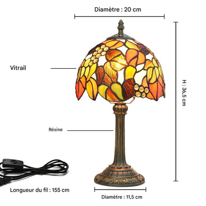 Lampe Tiffany rétro vitrail - vue latérale base résine bronze 8 pouces