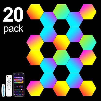 Hexagone LED : Lot de 20/12/8/3 lumières hexagonales murales, panneau RGB, application intelligente, lumières de jeu modulaires hexagonales, synchronisation de la musique nocturne, lumière en nid d'abeille pour chambre à coucher - myledly