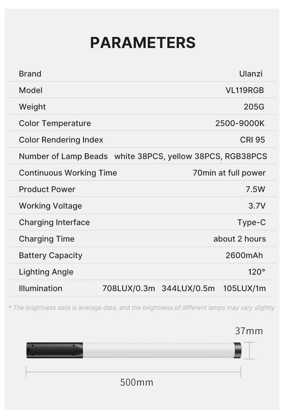 StickLamp : Ulanzi VL119 lampe de poche colorée RGB 19.68 pouces baguette de lumière LED portable CRI 95 + 2500 K-9000 K lampe de Studio de photographie - myledly