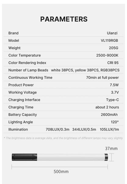 StickLamp : Ulanzi VL119 lampe de poche colorée RGB 19.68 pouces baguette de lumière LED portable CRI 95 + 2500 K-9000 K lampe de Studio de photographie - myledly