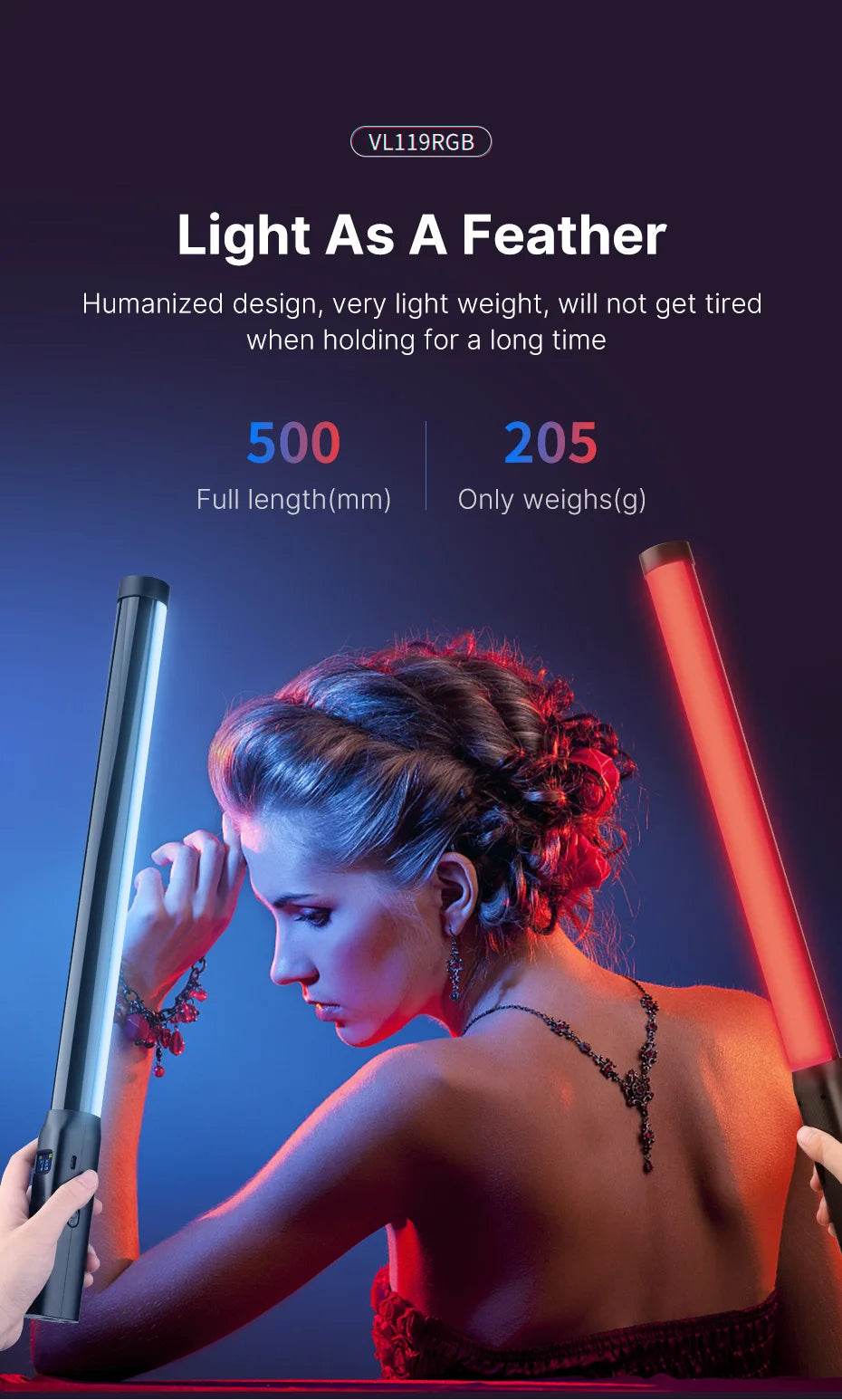 StickLamp : Ulanzi VL119 lampe de poche colorée RGB 19.68 pouces baguette de lumière LED portable CRI 95 + 2500 K-9000 K lampe de Studio de photographie - myledly