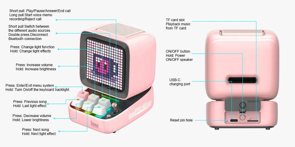 Ditoo Led : Haut-parleur Bluetooth rétro Pixel Art, jeu Portable avec 16x16 LED, écran avant contrôlé par application (rose), panneau d'affichage LED à monter soi-même - myledly