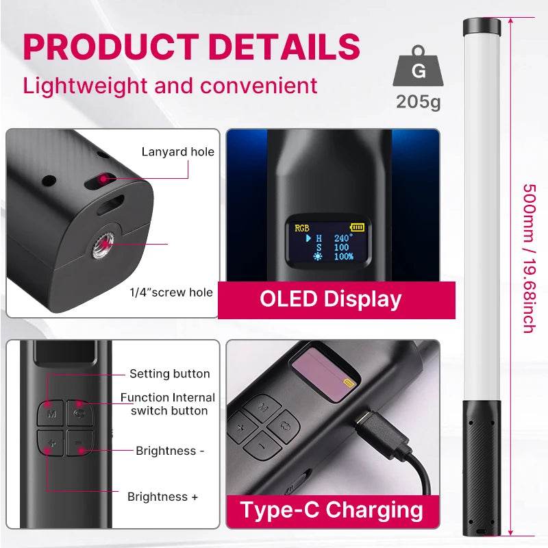 StickLamp : Ulanzi VL119 lampe de poche colorée RGB 19.68 pouces baguette de lumière LED portable CRI 95 + 2500 K-9000 K lampe de Studio de photographie - myledly