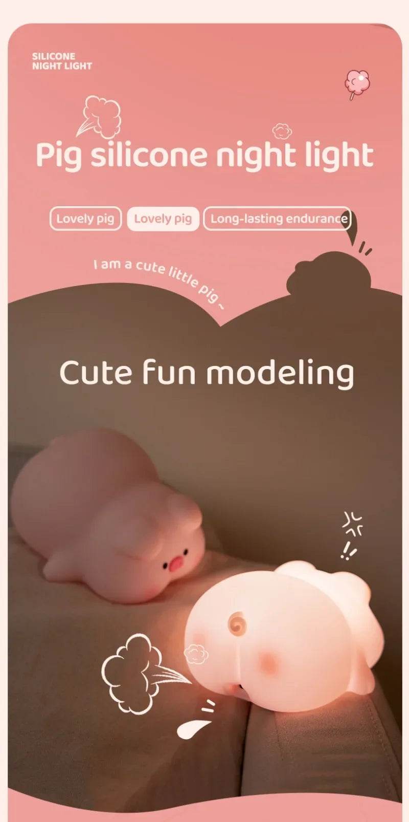 Piggy Led : Veilleuse cochon rose en Silicone, jolie lampe de nuit LED, atmosphère intérieure, décoration de chambre, USB, veilleuse pour enfants, cadeau - myledly