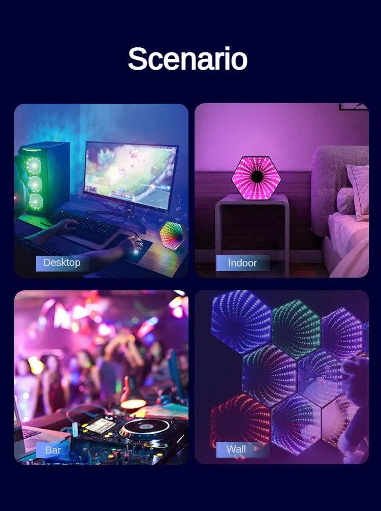 Hexagone RGB : RGB Lumière de tunnel à miroir hexagonal 3D RVB LED Lampe d'ambiance de bureau Calculer les lumières du capteur de synchronisation du rythme de la musique de jeu Décoration de la pièce - myledly