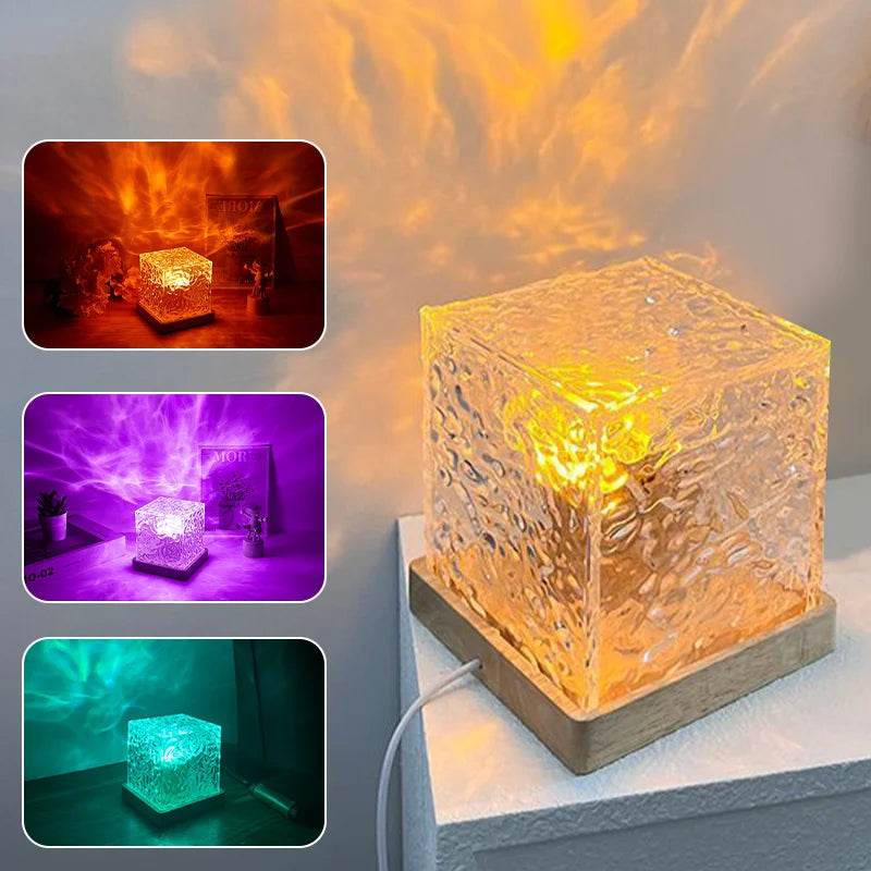 Cube Lamp - Veilleuse dynamique rotative à ondulation de l'eau, tête de lit créative, lumière d'ambiance, romantique, carrée, Projection de ciel étoilé - myledly