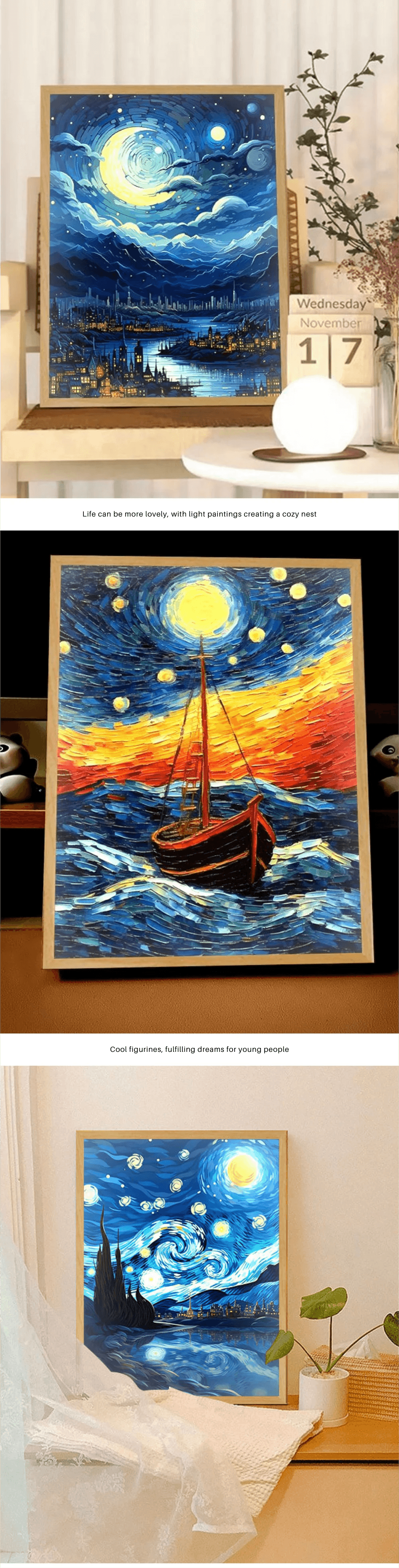 Van Gogh Led : Van Gogh Art Anime lumière LED peinture décor de salle, lumière d'ambiance de charge sans fil, décoration murale de lampe USB, veilleuse cadeau de maison - myledly